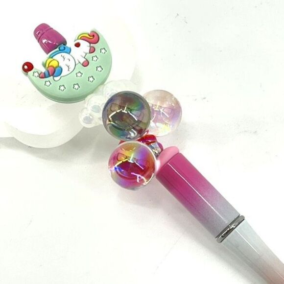 Unicorn sleeping on moon balloons clouds handmade pen NEW beads rhinestone bling - Picture 5 of 7